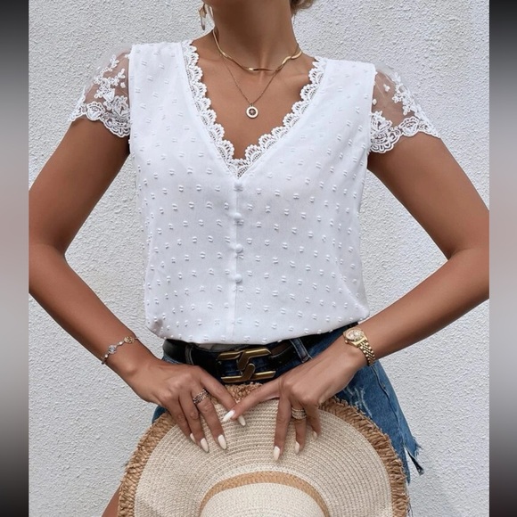 Elegant Sheer Mesh Swiss Dot Floral Print Lace Top Blouse Shirt Pink - Picture 6 of 7